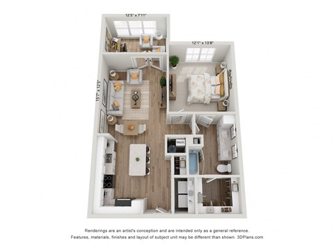 Floor plan for 1 bed, 1 bath, 923 sqft